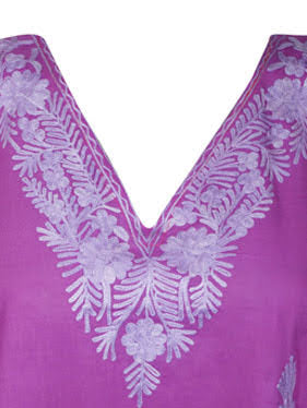 Bohemian Floral Muumuu, Kimono Kaftan, Soft Purple, Cotton Embroidered Summer Mididress L-4XL