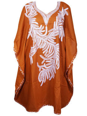 Embroidered Electric Orange Comfy Cover-Up Midi Caftan Gift For Mom L-4XL