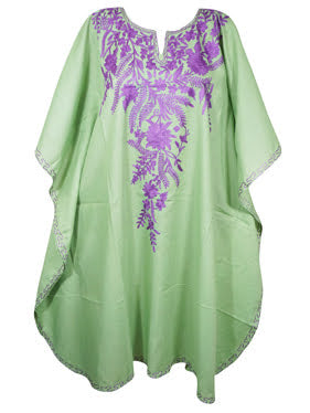 Boho Floral Kimono, Mint Green Embroidered Muumuu, Loose Kaftans L-4XL