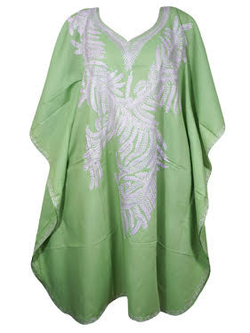 Vintage Embroidered Mint Green Cotton Kimono Sleeve Caftan Midi Caftan L-4XL
