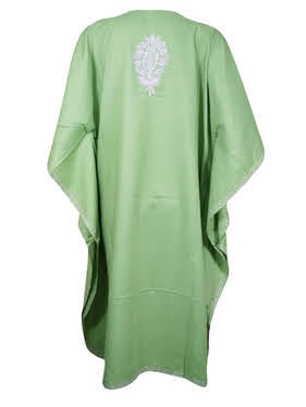 Vintage Embroidered Mint Green Cotton Kimono Sleeve Caftan Midi Caftan L-4XL