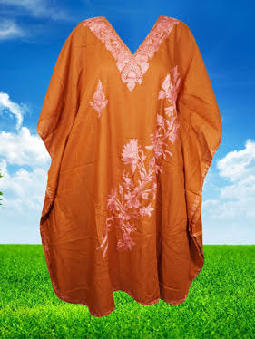 Kaftan for Women Embellished Orange Floral Midi Kaftan, L-4XL