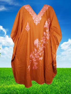 Bohemian Muumuu Dress, Embellished Orange Floral Midi Kaftan, L-4XL