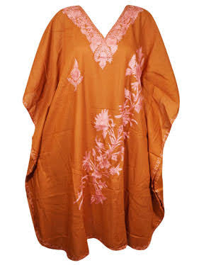 Bohemian Muumuu Dress, Embellished Orange Floral Midi Kaftan
