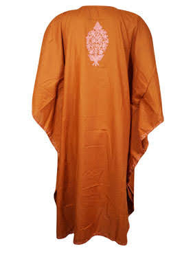 Bohemian Muumuu Dress, Embellished Orange Floral Midi Kaftan, L-4XL