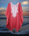 Women's Kaftan Midi Dress, Coral Pink Boho Travel Dresses, Loose Lounger, Cotton Embroidered L-4XL