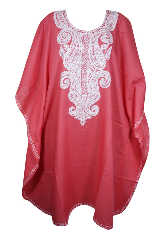 Women's Kaftan Midi Dress, Coral Pink Boho Travel Dresses, Loose Lounger, Cotton Embroidered L-4XL