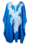 Womans Midi Cotton Caftan Embroidered Blue Floral Kaftan for Summer, Bohemian Loose Caftan Dresses One Size L-4X