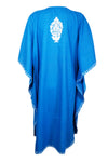 Womans Midi Cotton Caftan Embroidered Blue Floral Kaftan for Summer, Bohemian Loose Caftan Dresses One Size L-4X
