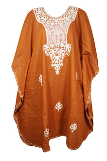  Womens Kaftan Dress, Orange Embroidered Midi Loose Dress, Summer Boho Comfy Cover Up L-4XL