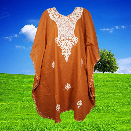 Womens Kaftan Dress, Orange Embroidered Midi Loose Dress, Summer Boho Comfy Cover Up L-4XL