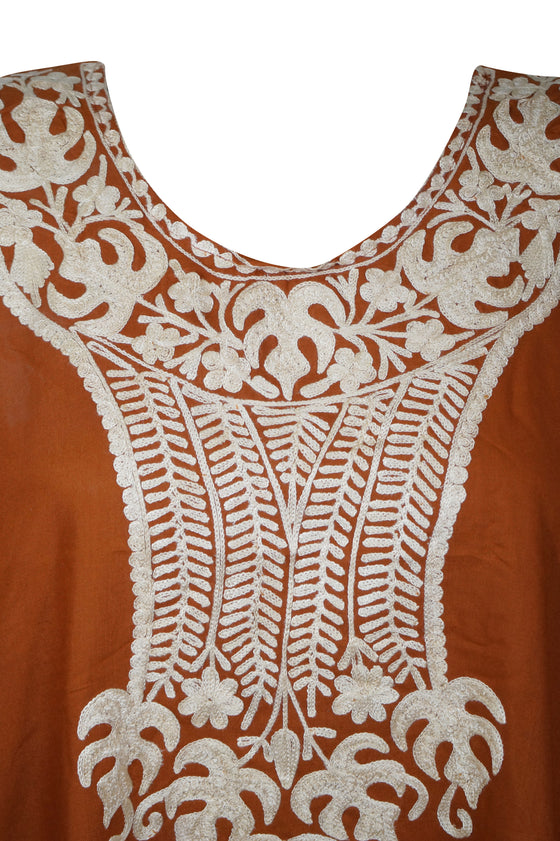 Womens Kaftan Dress, Orange Embroidered Midi Loose Dress, Summer Boho Comfy Cover Up L-4XL