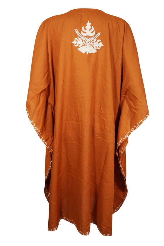 Womens Kaftan Dress, Orange Embroidered Midi Loose Dress, Summer Boho Comfy Cover Up L-4XL