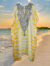 Women's Travel Caftan Maxi Dress, Yellow Kimono Dress, Floral Embroidered Summer Maxi, Sheer Cruise Kaftan  L/4X