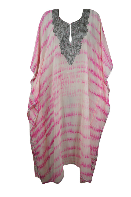 Boho Kaftan Pink Maxi Dress, Caftan, Tie dye Embroidered Caftan, Sheer Resort Wear, Cruise Maxi Dress L-4XL,