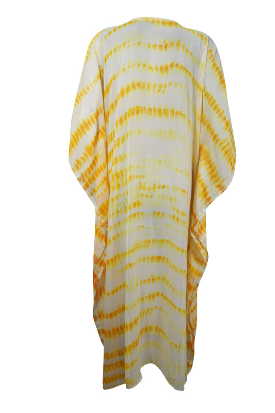 Womens Resort Wear Caftan, Cruise Maxi Dress, Yellow Kaftan Dress, Sheer Georgette Embroidered Travel Maxi, L-4XL