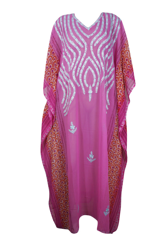 Womens Cruise Caftan Dress, Pink Embroidered Summer Beach Maxi Dress, Oversize Kaftan Maxi L-4XL