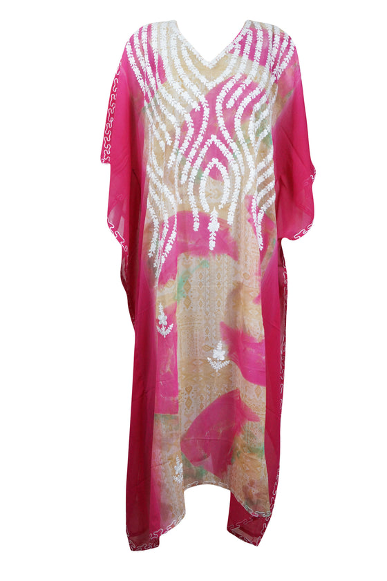 Women's Pink Sheer Embroidered Kaftan – Kimono-Style Maxi Dress Beach Cover-Up One size