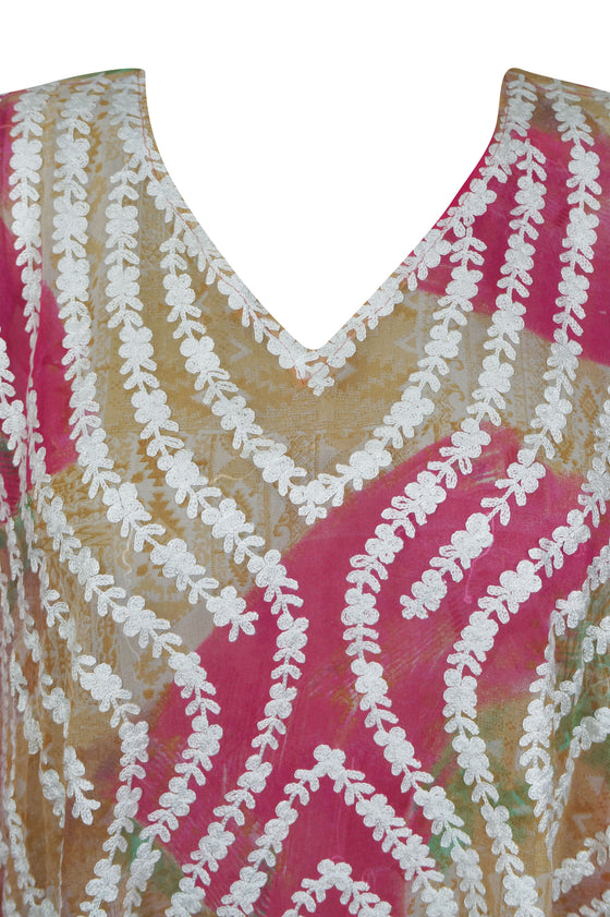 Women's Pink Sheer Embroidered Kaftan – Kimono-Style Maxi Dress Beach Cover-Up One size