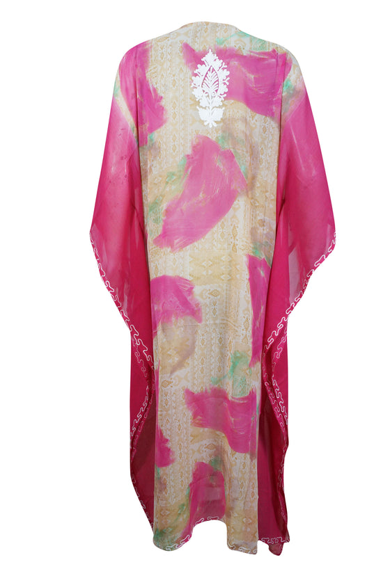 Women's Pink Sheer Embroidered Kaftan – Kimono-Style Maxi Dress Beach Cover-Up One size