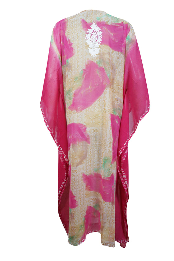 Womens Caftan With Embroidery, Pink Sheer Kaftan Kimono Maxi Dress, Sexy Beach Coverup, Cruise Kaftan, Travel Dress One size, L-4XL