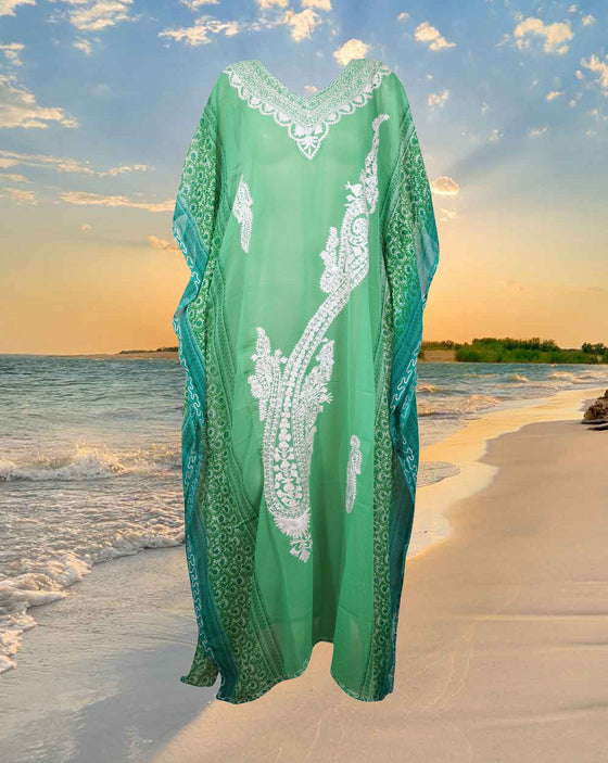 Women's Green Embroidered Cruise Caftan – Summer Travel Maxi Dress One size