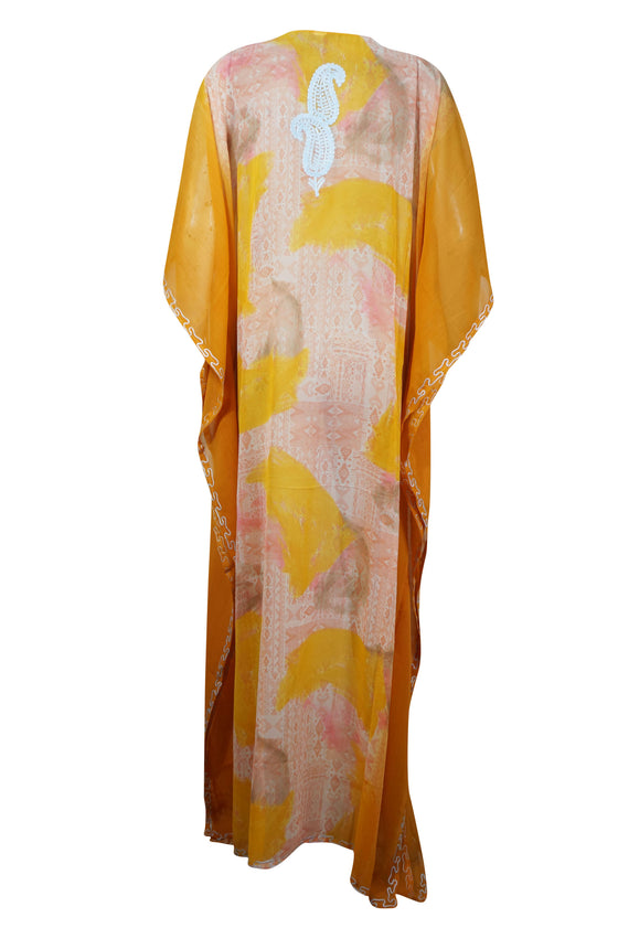 Women's Travel Caftan Maxi Dress, Orange Tiedye Kaftan Dress, Floral Embroidered Summer Maxi, Sheer Cruise Boho Maxi Dresses ONE SIZE L/4X