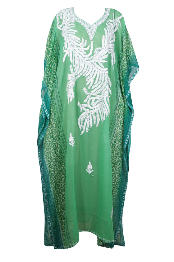 Women's Sea Green Sheer Embroidered Kaftan – Maxi Dress & Elegant Gift Idea One size