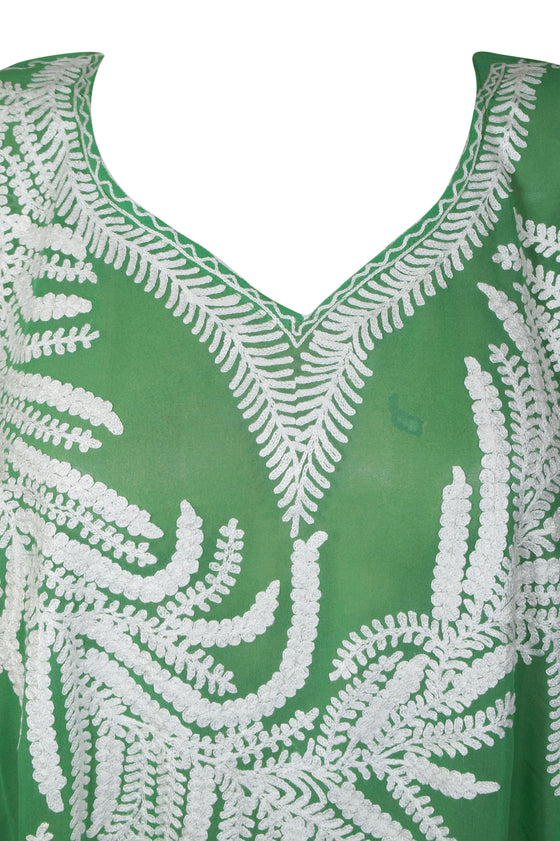 Women's Sea Green Sheer Embroidered Kaftan – Maxi Dress & Elegant Gift Idea One size