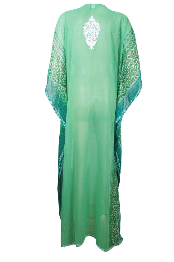 Women's Sea Green Sheer Embroidered Kaftan – Maxi Dress & Elegant Gift Idea One size