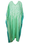 Women's Sheer Kaftan Maxi Dress, Beach Caftan, Embroidered Resort Wear, Lounger, Green Georgette Printed Caftan L-4XL One size