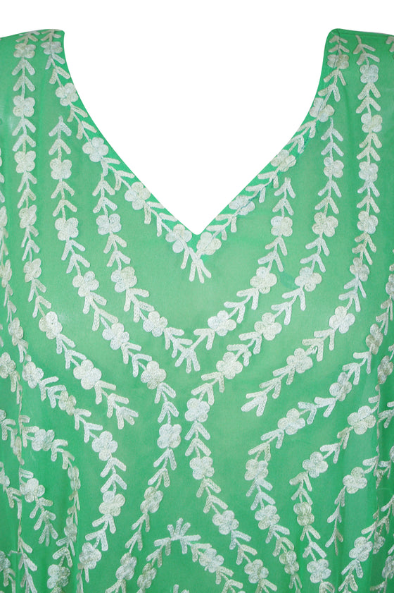 Women's Sheer Kaftan Maxi Dress, Beach Caftan, Embroidered Resort Wear, Lounger, Green Georgette Printed Caftan L-4XL One size