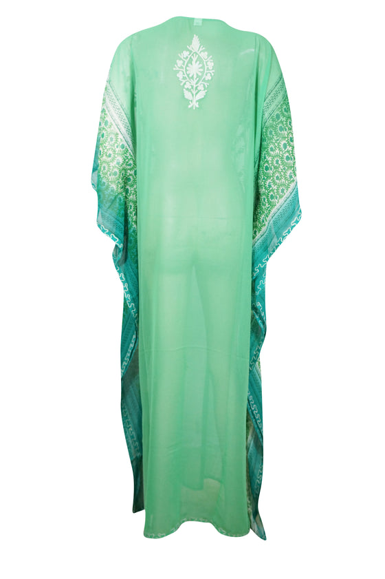 Women's Sheer Kaftan Maxi Dress, Beach Caftan, Embroidered Resort Wear, Lounger, Green Georgette Printed Caftan L-4XL One size