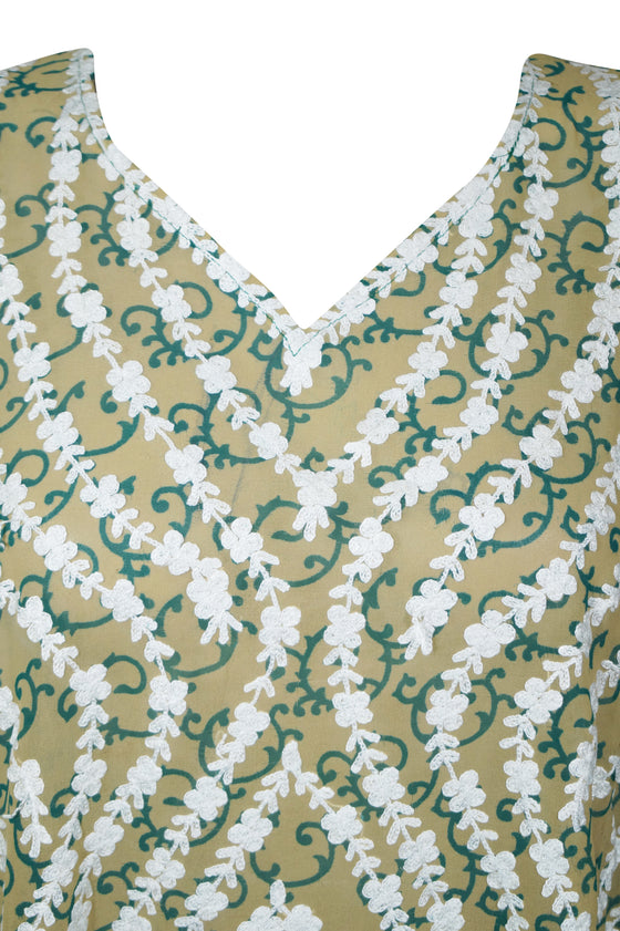 Beige Embroidered Kaftan – Flowy Maxi Muumuu Dress for Women L-4XL