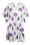 Women's White Cotton Kaftan – Purple Rose Print Summer Dress L-3XL