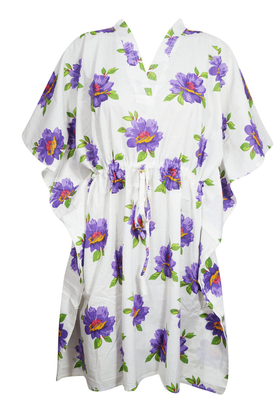 Women's White Cotton Kaftan – Purple Rose Print Summer Dress L-3XL