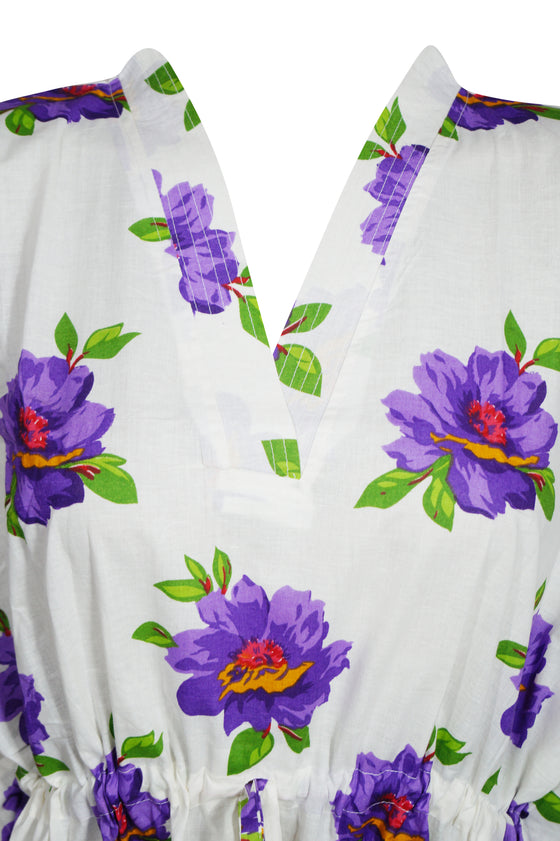 Women's White Cotton Kaftan – Purple Rose Print Summer Dress L-3XL