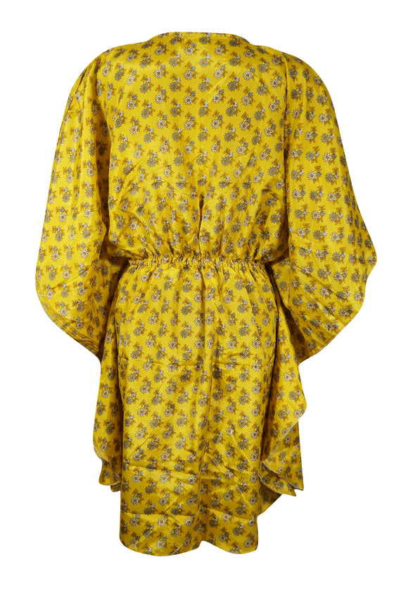 Womens Short Caftan Dresses Yellow Floral Printed M-XL