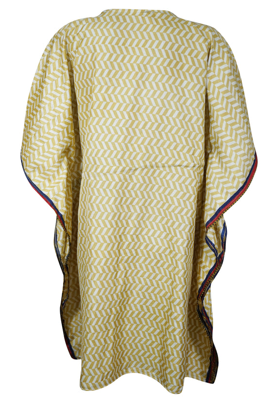 Women's Kaftan Beige Zig Zag Print Recycle Silk Tunic Dress M-XL