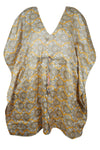 Handmade Women's Sari Kaftan – Gray & Yellow Printed Midi Caftan Dress  M-XL