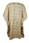 Handmade Women's Sari Kaftan – Gray & Yellow Printed Midi Caftan Dress  M-XL