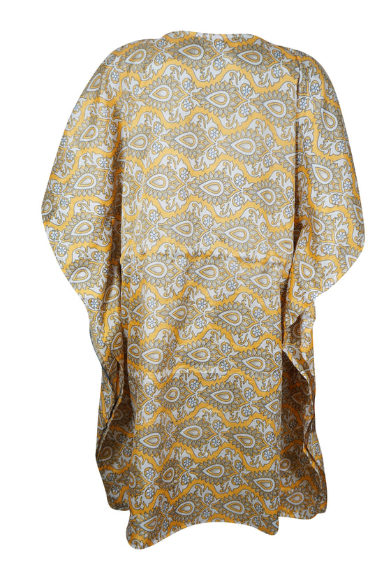 Womens Handmade Sari Kaftan, Gray Yellow Printed Midi Caftans M-XL
