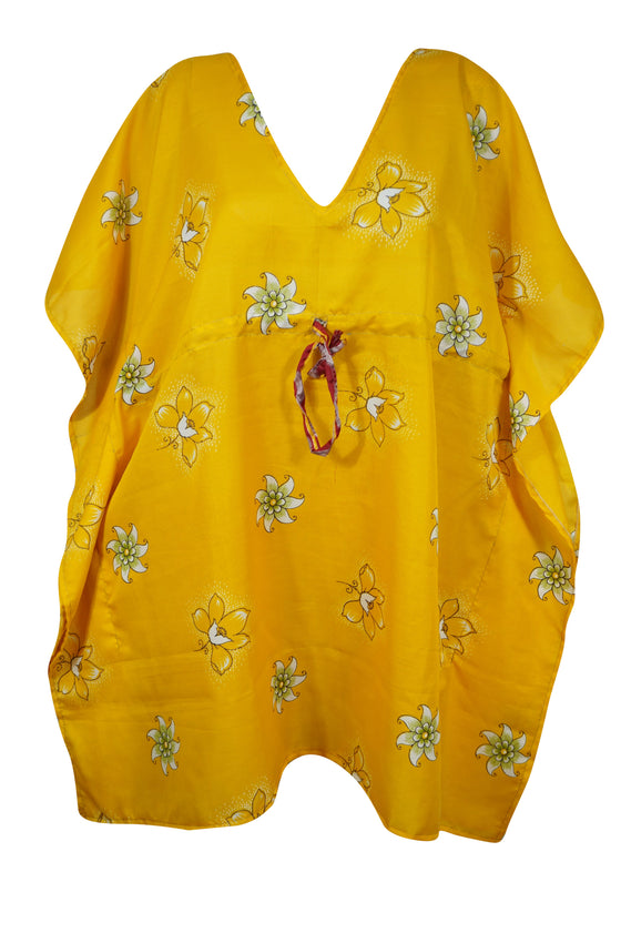 Womens Short Kaftan Dress, Yellow Printed Kimono Sleeves Beach M-XL