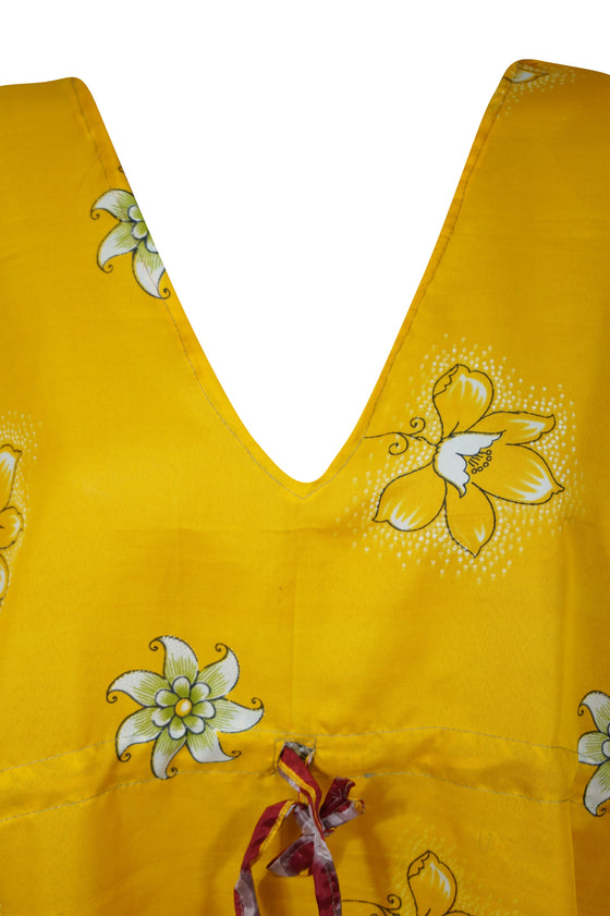 Womens Short Kaftan Dress, Yellow Printed Kimono Sleeves Beach M-XL