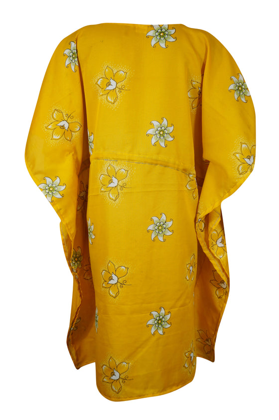 Womens Short Kaftan Dress, Yellow Printed Kimono Sleeves Beach M-XL
