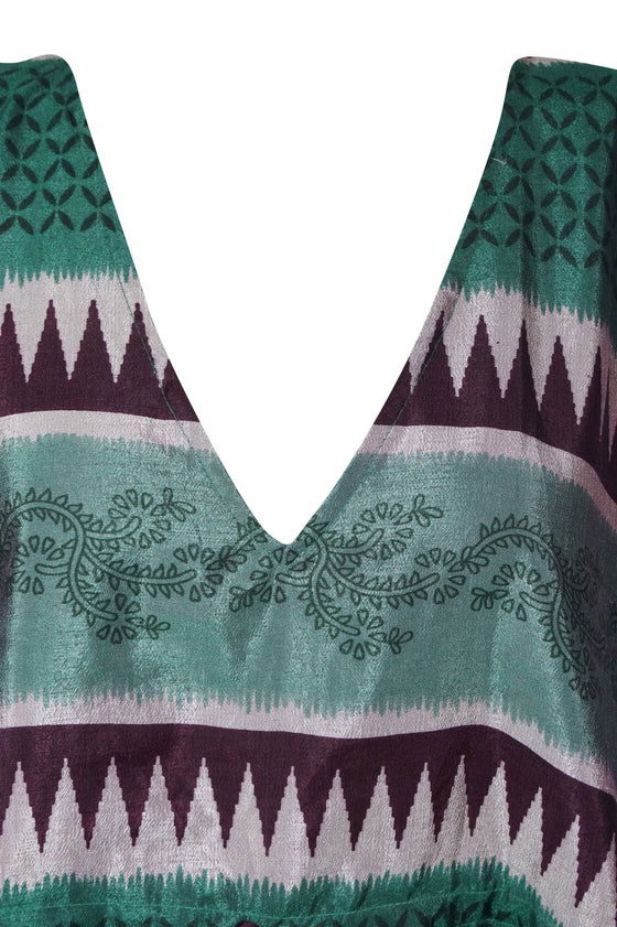 Women’s Green Printed Summer Kaftan – Recycled Silk Tunic Dress M-XL