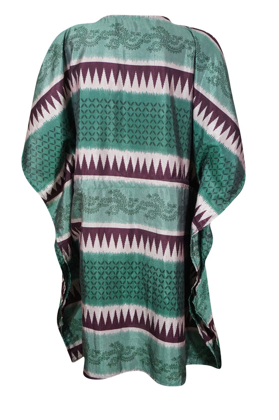 Women’s Green Printed Summer Kaftan – Recycled Silk Tunic Dress M-XL