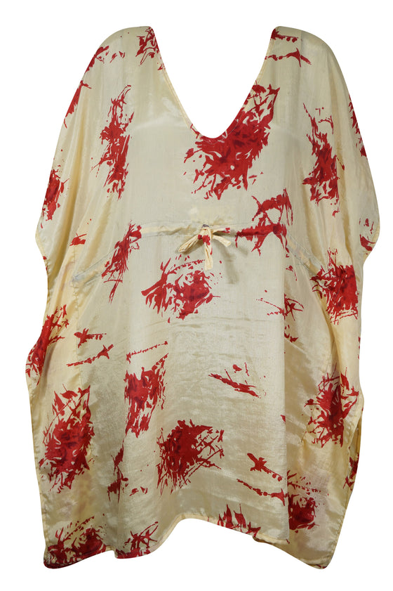 Beige Floral Printed Sari Kaftan for Women – Short Holiday Caftan M-XL