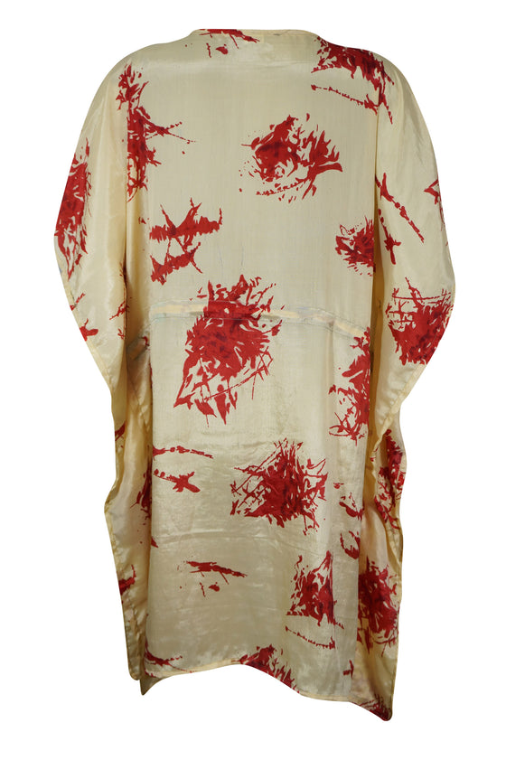 Beige Floral Printed Sari Kaftan for Women – Short Holiday Caftan M-XL