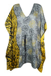Women Gray Floral Print Short kaftan Dress, Boho Kimono Beach M-XL